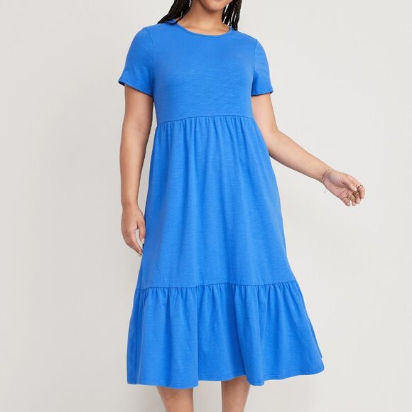 XXL Plus Size Old Navy Blue Short-Sleeve Tiered Midi Dress - Picture 2 of 5